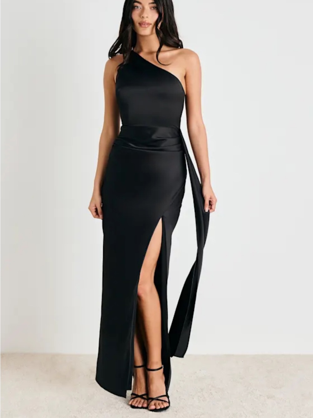 Lulus Signature Elegance Black Satin One-Shoulder Maxi Dress